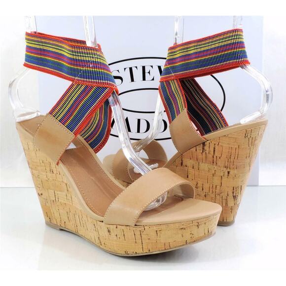 Steve Madden Roper Platform Wedge Sandal Heels Nude Bright Multi Size 9.5 - Picture 3 of 8